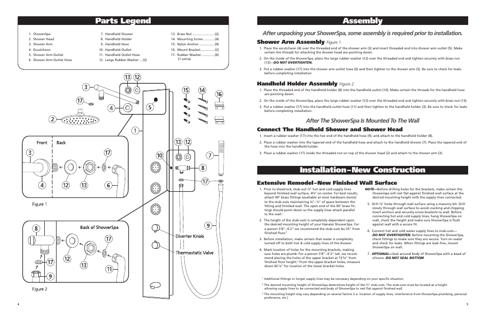 Assembly, Installation – new construction, Parts legend | After the showerspa is mounted to the wall, Shower arm assembly, Handheld holder assembly, Connect the handheld shower and shower head, Extensive remodel – new finished wall surface | PULSE ShowerSpas 1032 Hanalei User Manual | Page 3 / 5