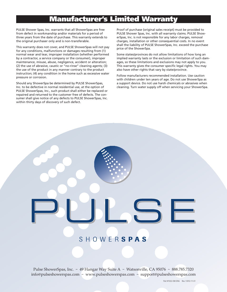 Manufacturer’s limited warranty | PULSE ShowerSpas 1032 Hanalei User Manual | Page 5 / 5