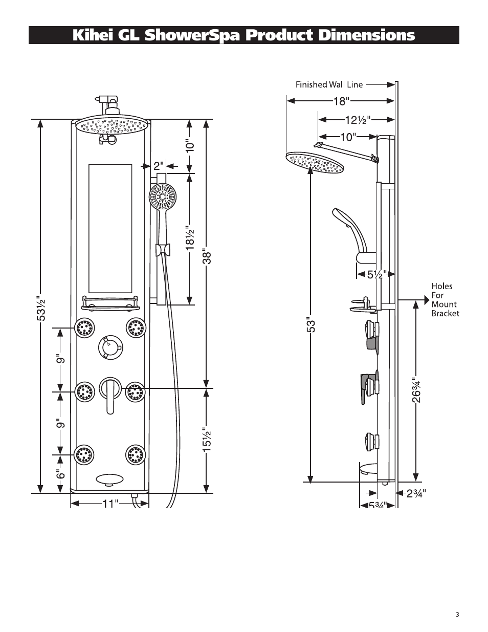 Kihei gl showerspa product dimensions | PULSE ShowerSpas 1013-GL Kihei II User Manual | Page 3 / 8