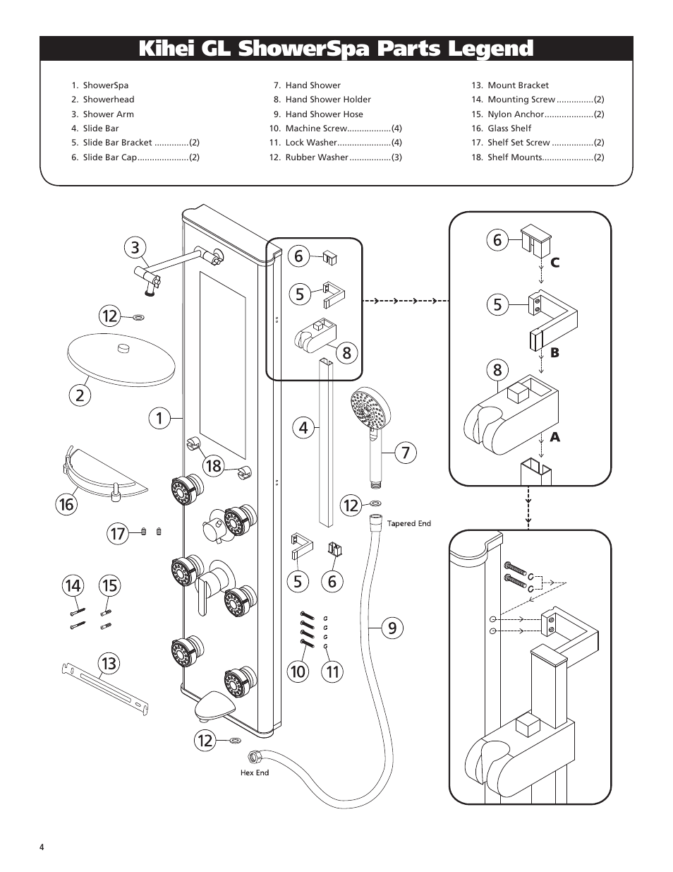 Kihei gl showerspa parts legend | PULSE ShowerSpas 1013-GL Kihei II User Manual | Page 4 / 8