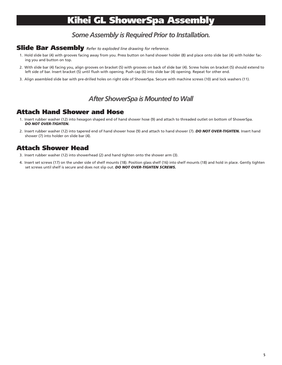 Kihei gl showerspa assembly, Some assembly is required prior to installation, After showerspa is mounted to wall | Slide bar assembly, Attach hand shower and hose, Attach shower head | PULSE ShowerSpas 1013-GL Kihei II User Manual | Page 5 / 8