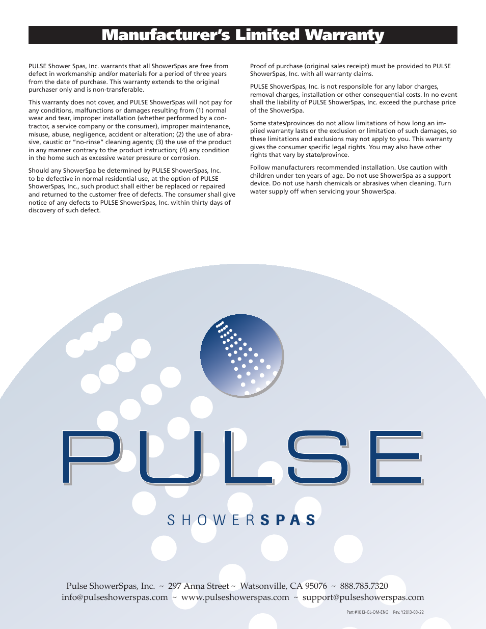 Manufacturer’s limited warranty | PULSE ShowerSpas 1013-GL Kihei II User Manual | Page 8 / 8