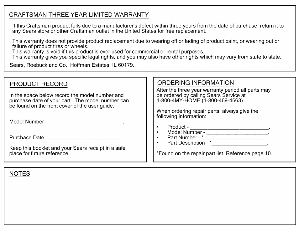 Craftsman three year limited warranty, Product record, Ordering information | Craftsman 610.24489 User Manual | Page 11 / 11