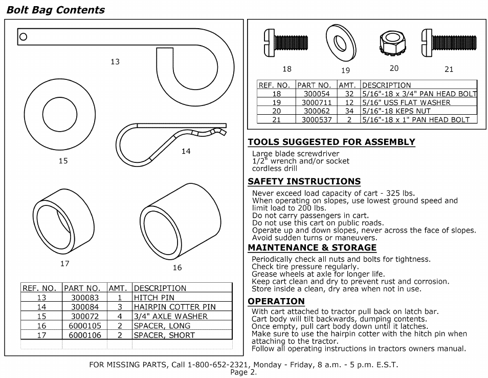 Bolt bag contents, Tools suggested for assembly, Safety instructions | Maintenance & storage, Operation | Craftsman 610.24489 User Manual | Page 2 / 11