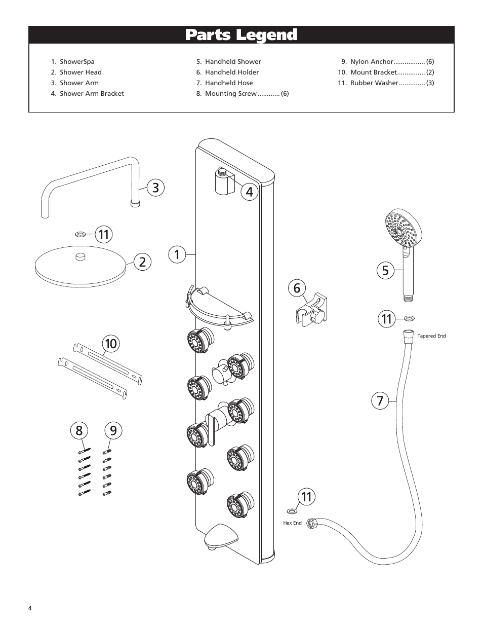 Parts legend | PULSE ShowerSpas 1030 Lahaina User Manual | Page 4 / 8