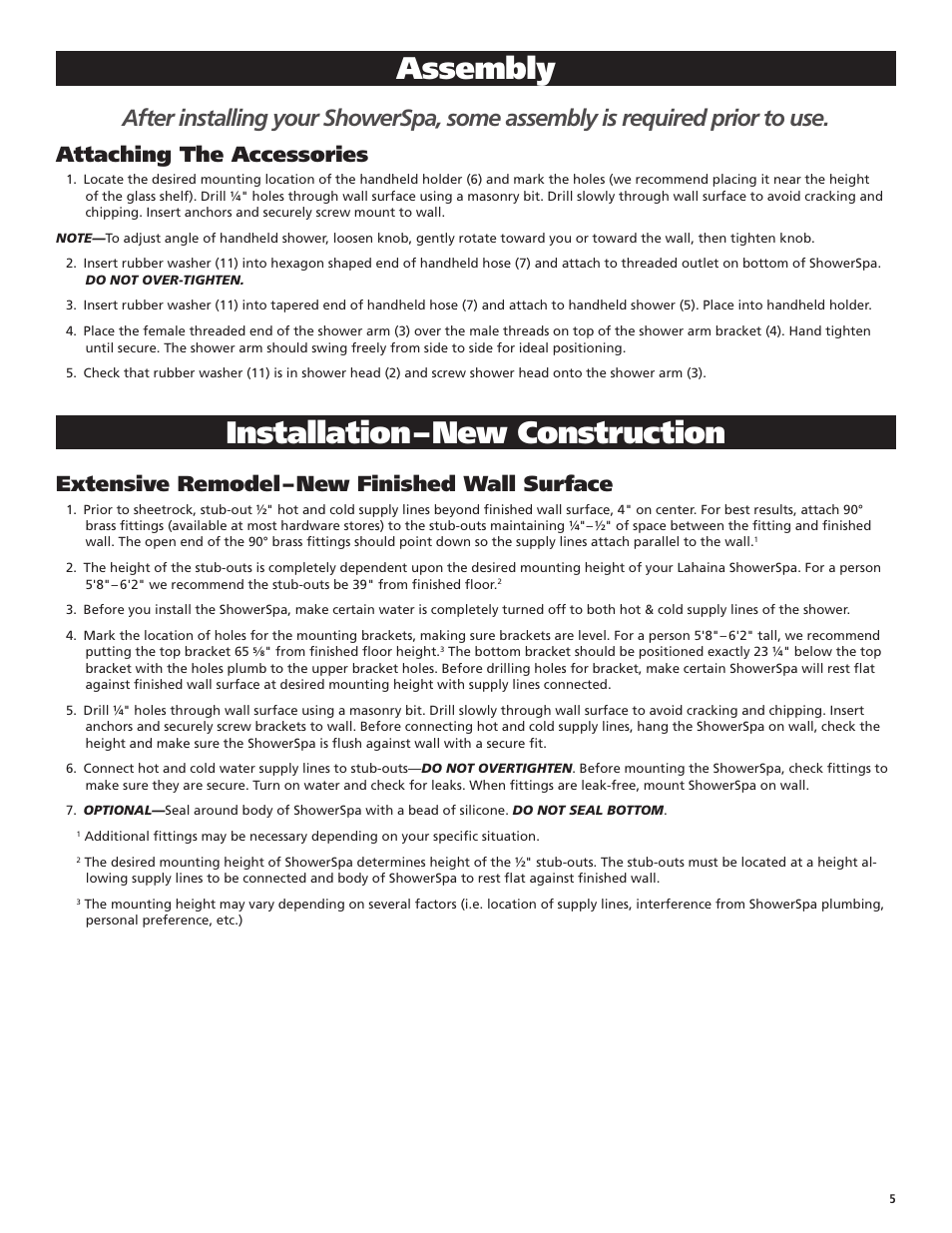 Assembly, Installation – new construction, Attaching the accessories | Extensive remodel – new finished wall surface | PULSE ShowerSpas 1030 Lahaina User Manual | Page 5 / 8