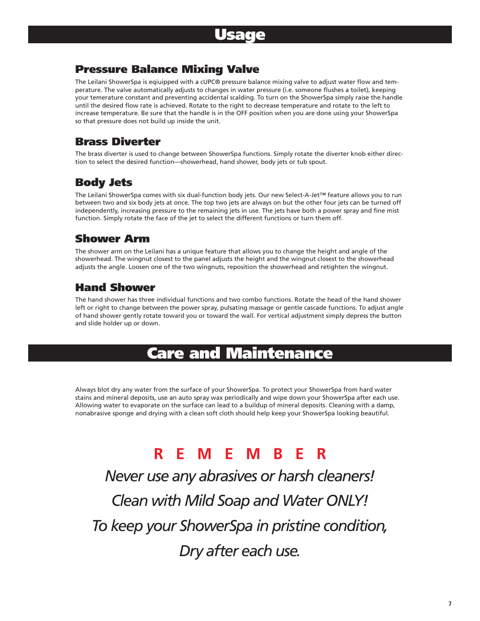Usage, Care and maintenance | PULSE ShowerSpas 1022-B Leilani User Manual | Page 7 / 8