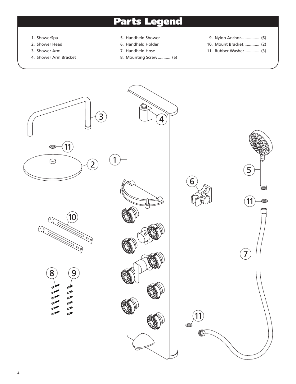 Parts legend | PULSE ShowerSpas 1015-2 Makena II User Manual | Page 4 / 8