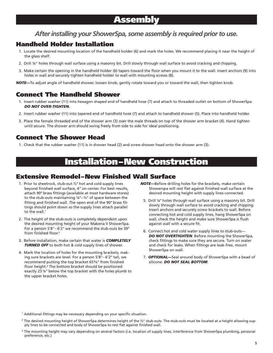 Assembly, Installation – new construction, Handheld holder installation | Connect the handheld shower, Connect the shower head, Extensive remodel – new finished wall surface | PULSE ShowerSpas 1015-2 Makena II User Manual | Page 5 / 8
