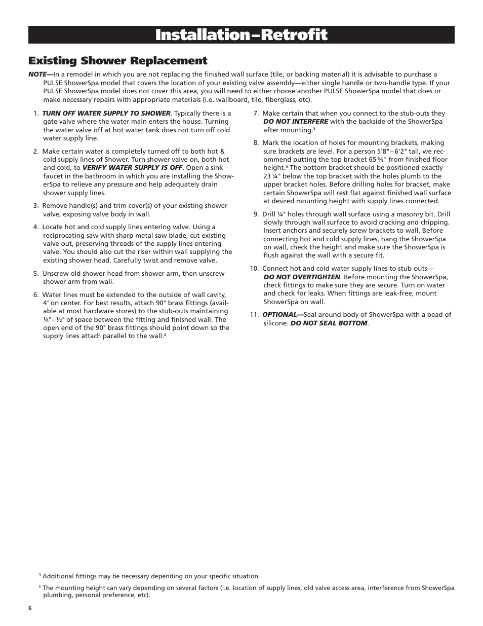 Installation – retrofit, Existing shower replacement | PULSE ShowerSpas 1015-2 Makena II User Manual | Page 6 / 8