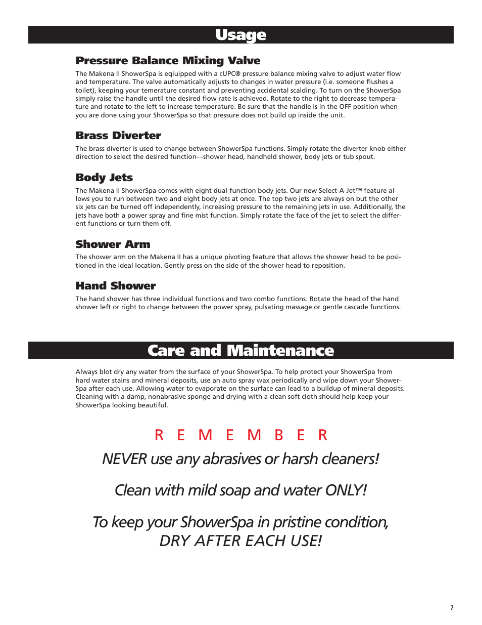 Usage, Care and maintenance | PULSE ShowerSpas 1015-2 Makena II User Manual | Page 7 / 8