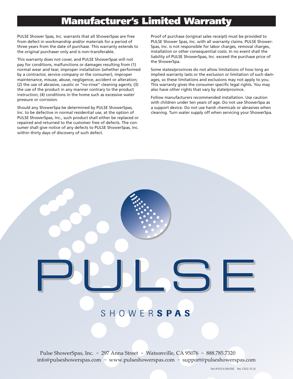 Manufacturer’s limited warranty | PULSE ShowerSpas 1015-2 Makena II User Manual | Page 8 / 8