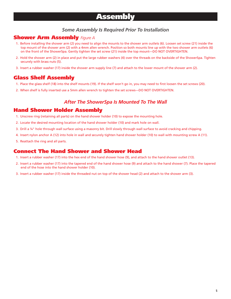 Assembly, Shower arm assembly, Glass shelf assembly | Hand shower holder assembly, Connect the hand shower and shower head, Some assembly is required prior to installation, After the showerspa is mounted to the wall | PULSE ShowerSpas 1002 Maui User Manual | Page 5 / 8
