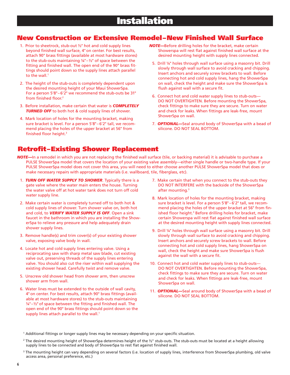 Installation, Retrofit – existing shower replacement | PULSE ShowerSpas 1002 Maui User Manual | Page 6 / 8