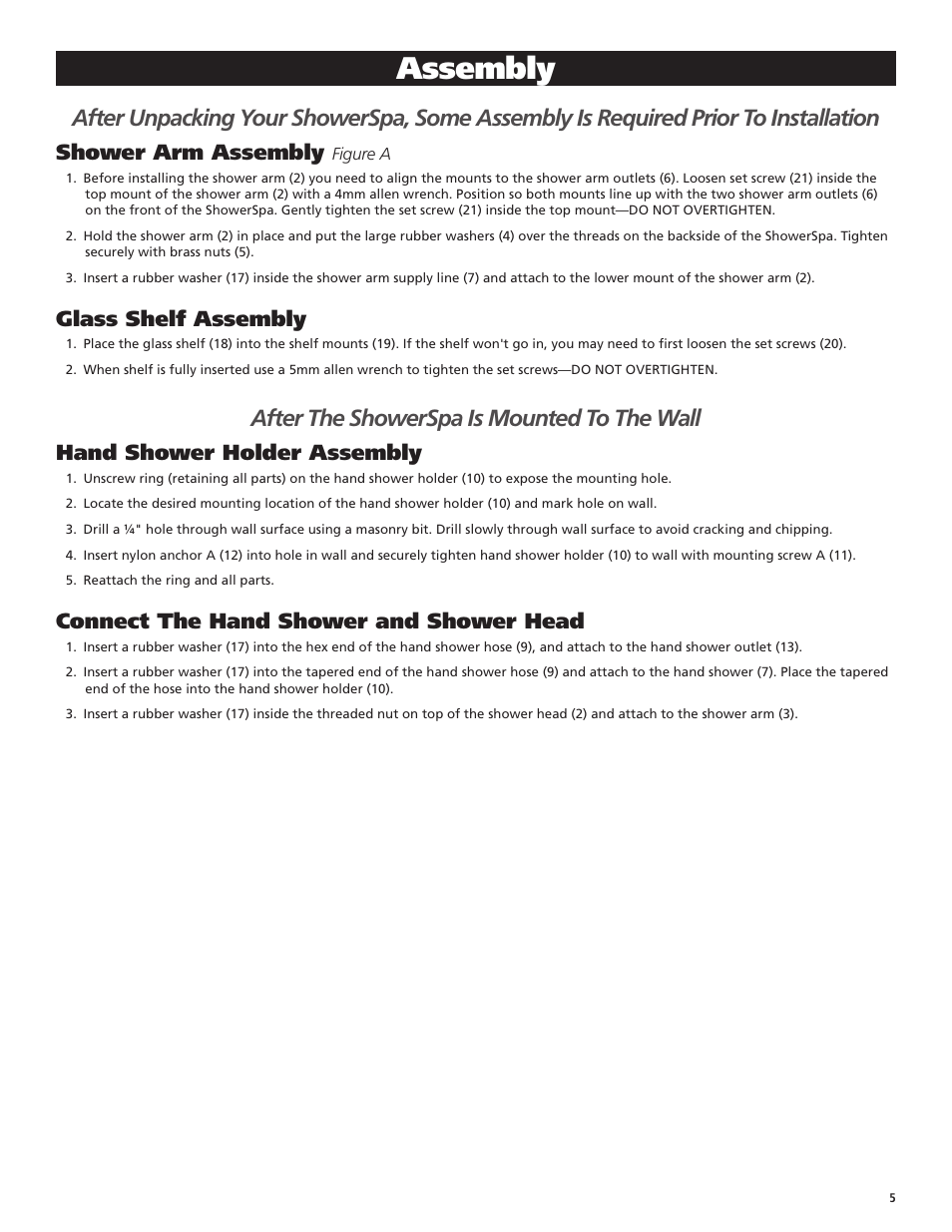 Assembly, After the showerspa is mounted to the wall, Shower arm assembly | Glass shelf assembly, Hand shower holder assembly, Connect the hand shower and shower head | PULSE ShowerSpas 1016 Mojave User Manual | Page 5 / 8