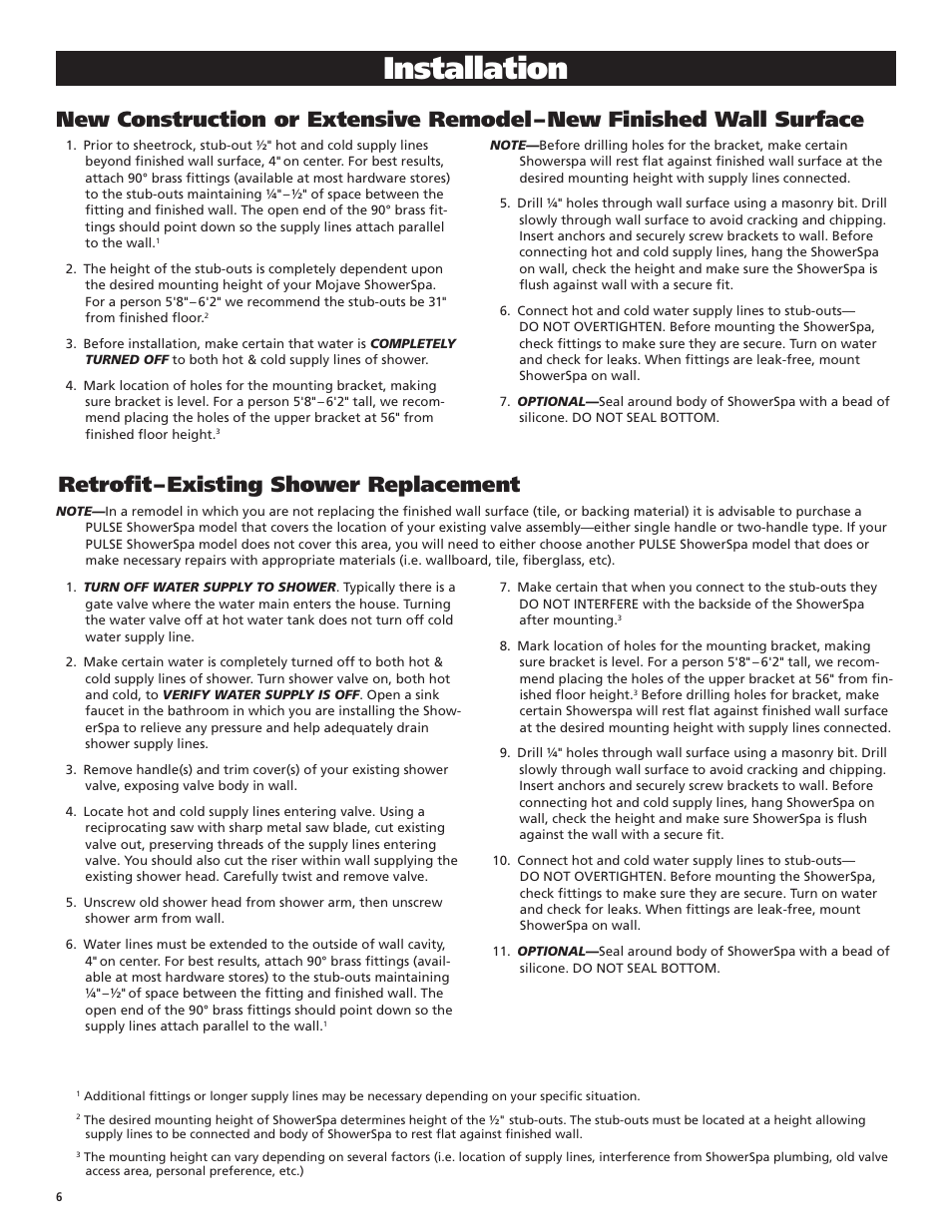 Installation, Retrofit – existing shower replacement | PULSE ShowerSpas 1016 Mojave User Manual | Page 6 / 8