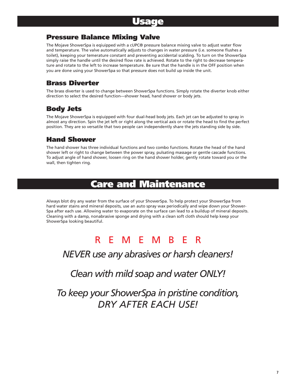 Usage, Care and maintenance | PULSE ShowerSpas 1016 Mojave User Manual | Page 7 / 8