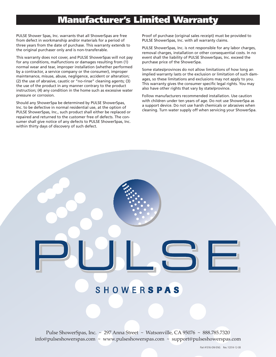 Manufacturer’s limited warranty | PULSE ShowerSpas 1016 Mojave User Manual | Page 8 / 8