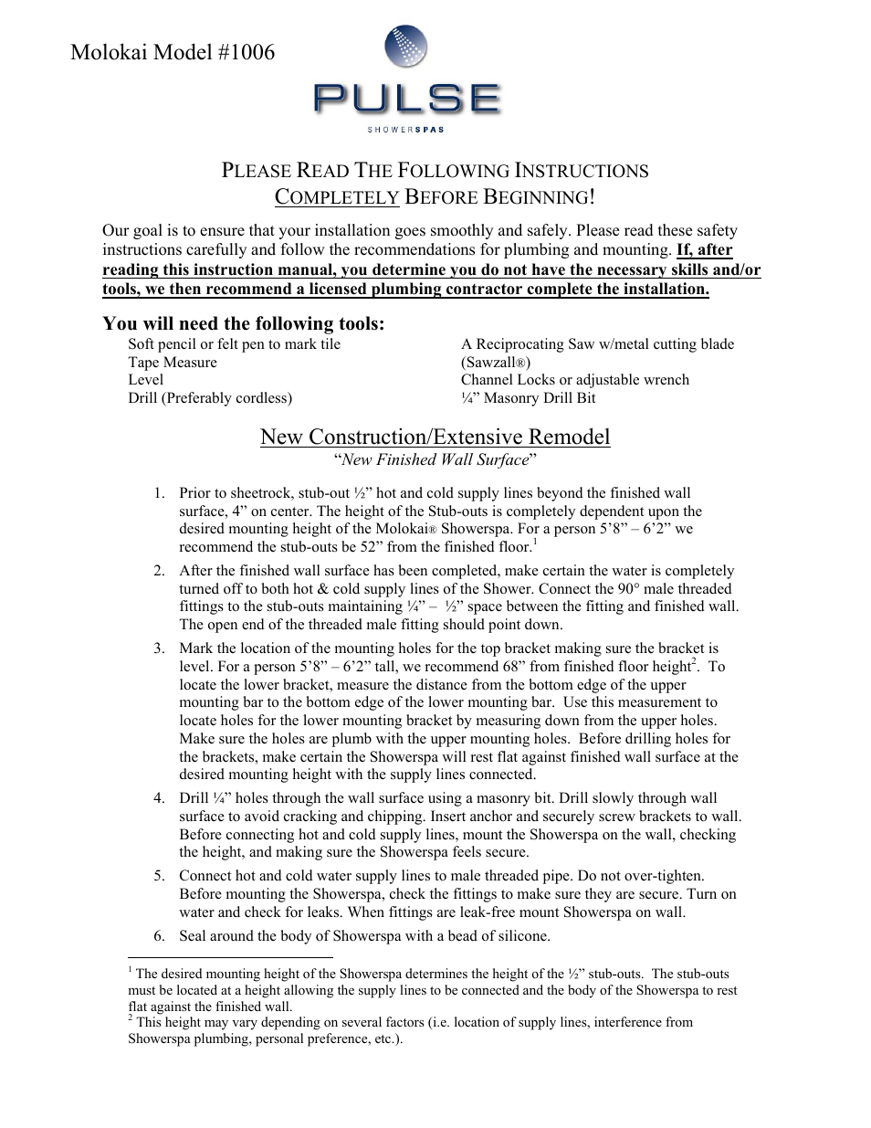 PULSE ShowerSpas 1006-ORB Molokai User Manual | 2 pages