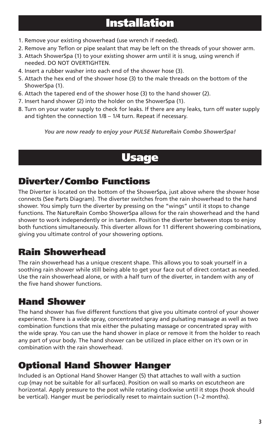 Installation, Usage, Diverter / combo functions | Rain showerhead, Hand shower, Optional hand shower hanger | PULSE ShowerSpas 1038 Nature Rain User Manual | Page 3 / 4