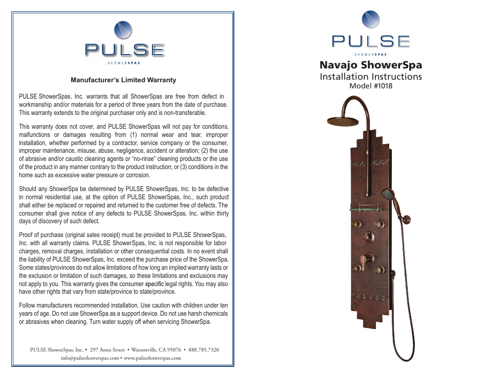 PULSE ShowerSpas 1018 Navajo User Manual | 4 pages