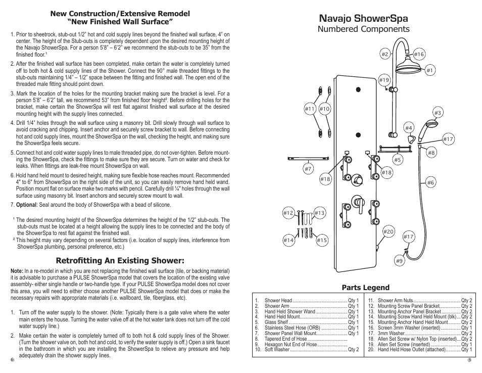 Navajo showerspa, Numbered components, Retrofitting an existing shower | PULSE ShowerSpas 1018 Navajo User Manual | Page 4 / 4