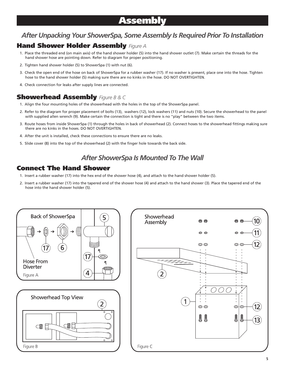 Assembly, After showerspa is mounted to the wall, Hand shower holder assembly | Showerhead assembly, Connect the hand shower | PULSE ShowerSpas 1035 Oahu User Manual | Page 5 / 8