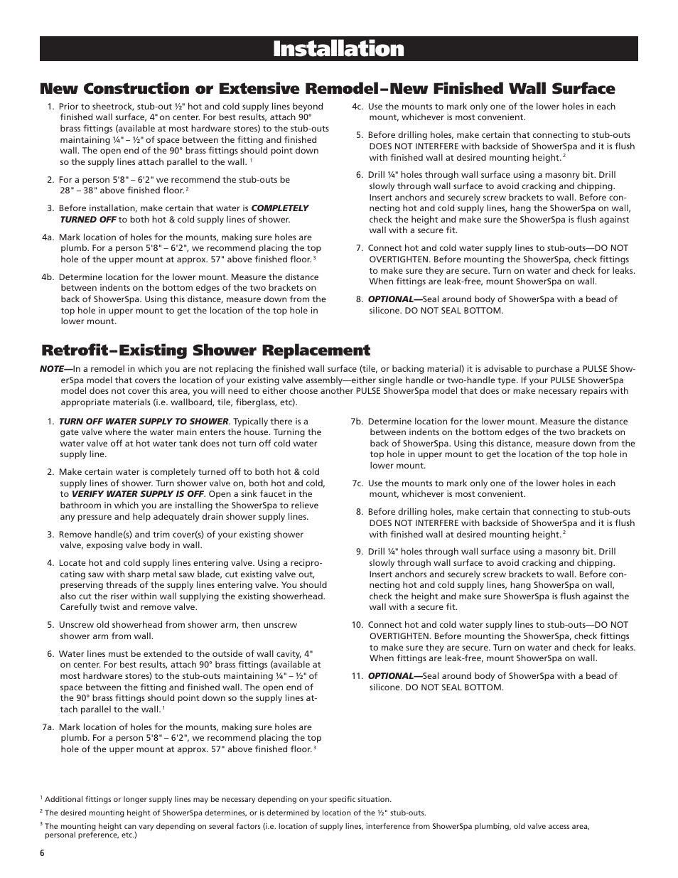 Installation, Retrofit – existing shower replacement | PULSE ShowerSpas 1035 Oahu User Manual | Page 6 / 8