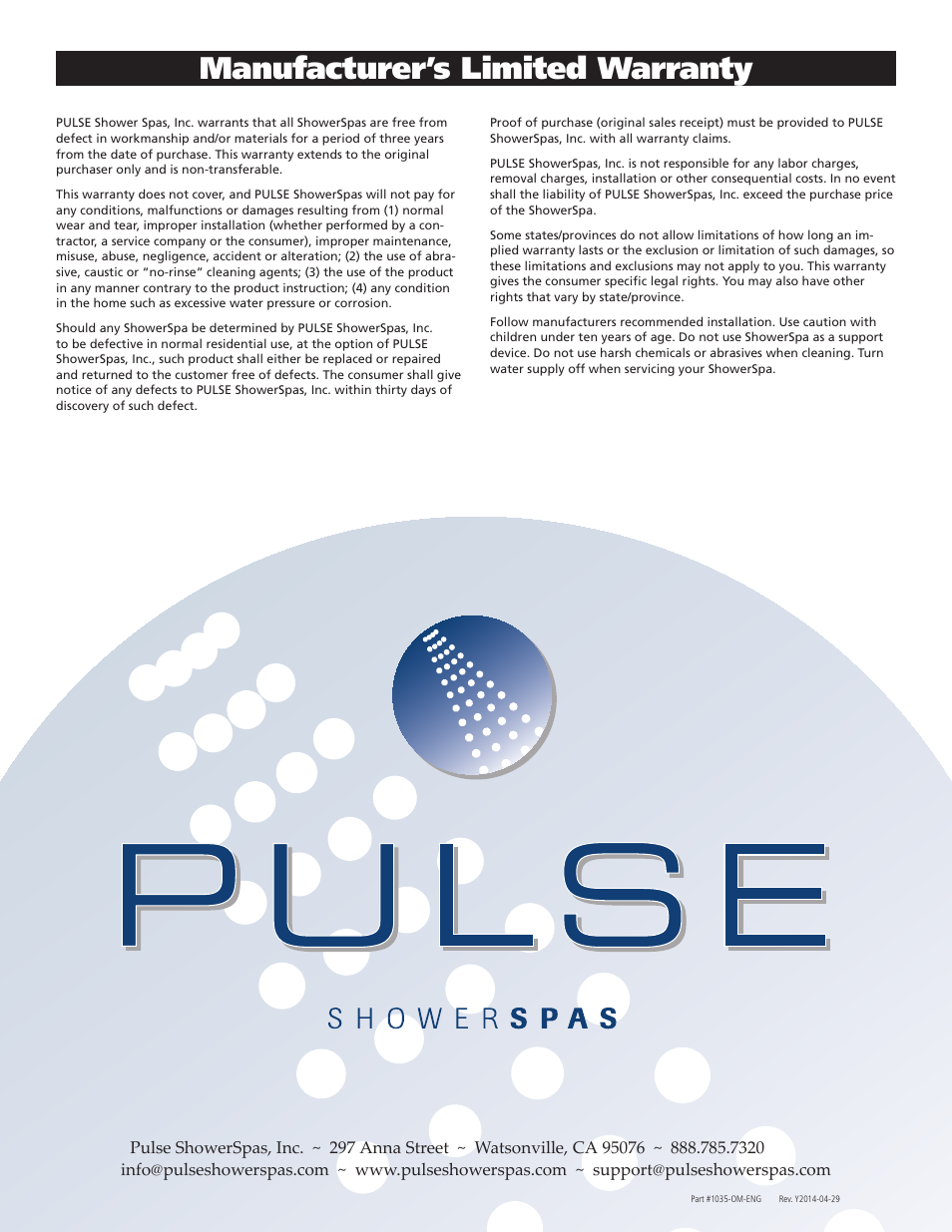 Manufacturer’s limited warranty | PULSE ShowerSpas 1035 Oahu User Manual | Page 8 / 8