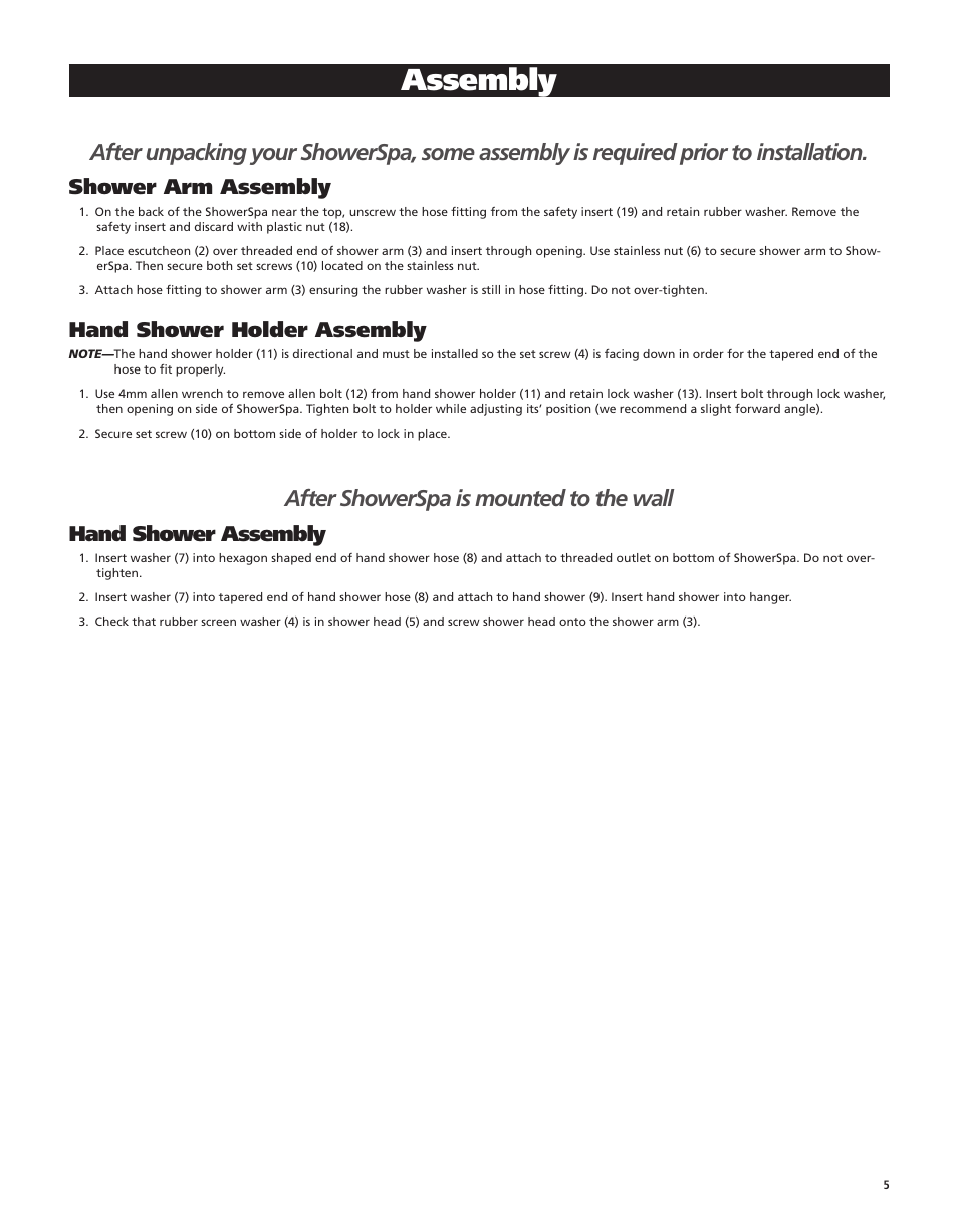 Assembly, After showerspa is mounted to the wall, Shower arm assembly | Hand shower holder assembly, Hand shower assembly | PULSE ShowerSpas 1025 Paradise User Manual | Page 5 / 8