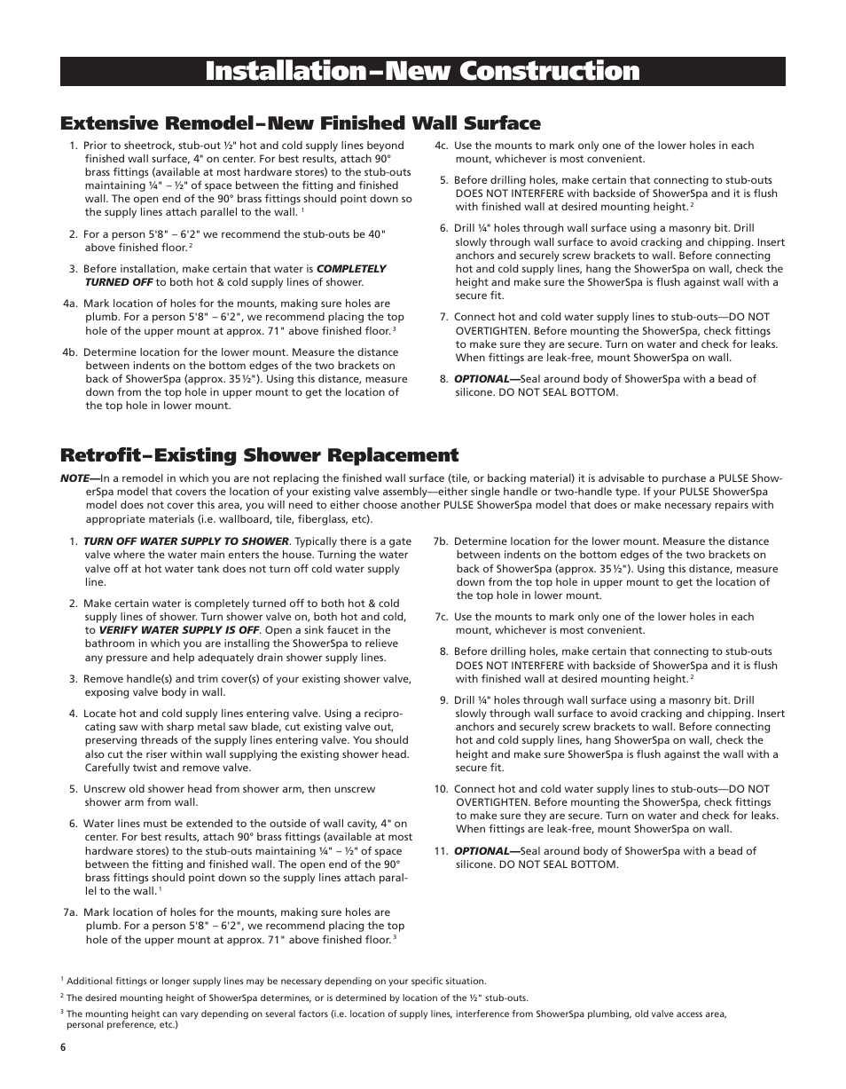 Installation – new construction, Extensive remodel – new finished wall surface, Retrofit – existing shower replacement | PULSE ShowerSpas 1025 Paradise User Manual | Page 6 / 8