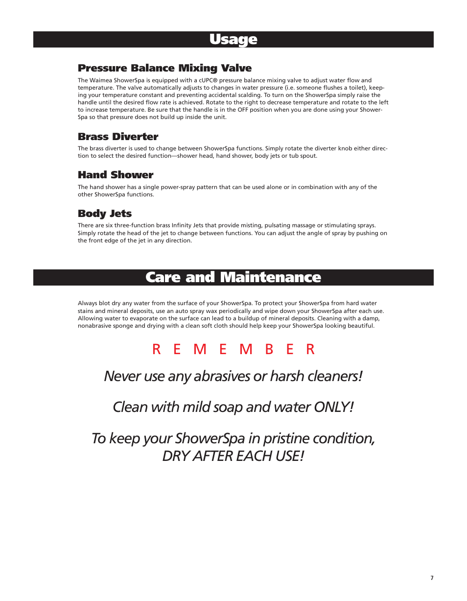 Usage, Care and maintenance | PULSE ShowerSpas 1025 Paradise User Manual | Page 7 / 8