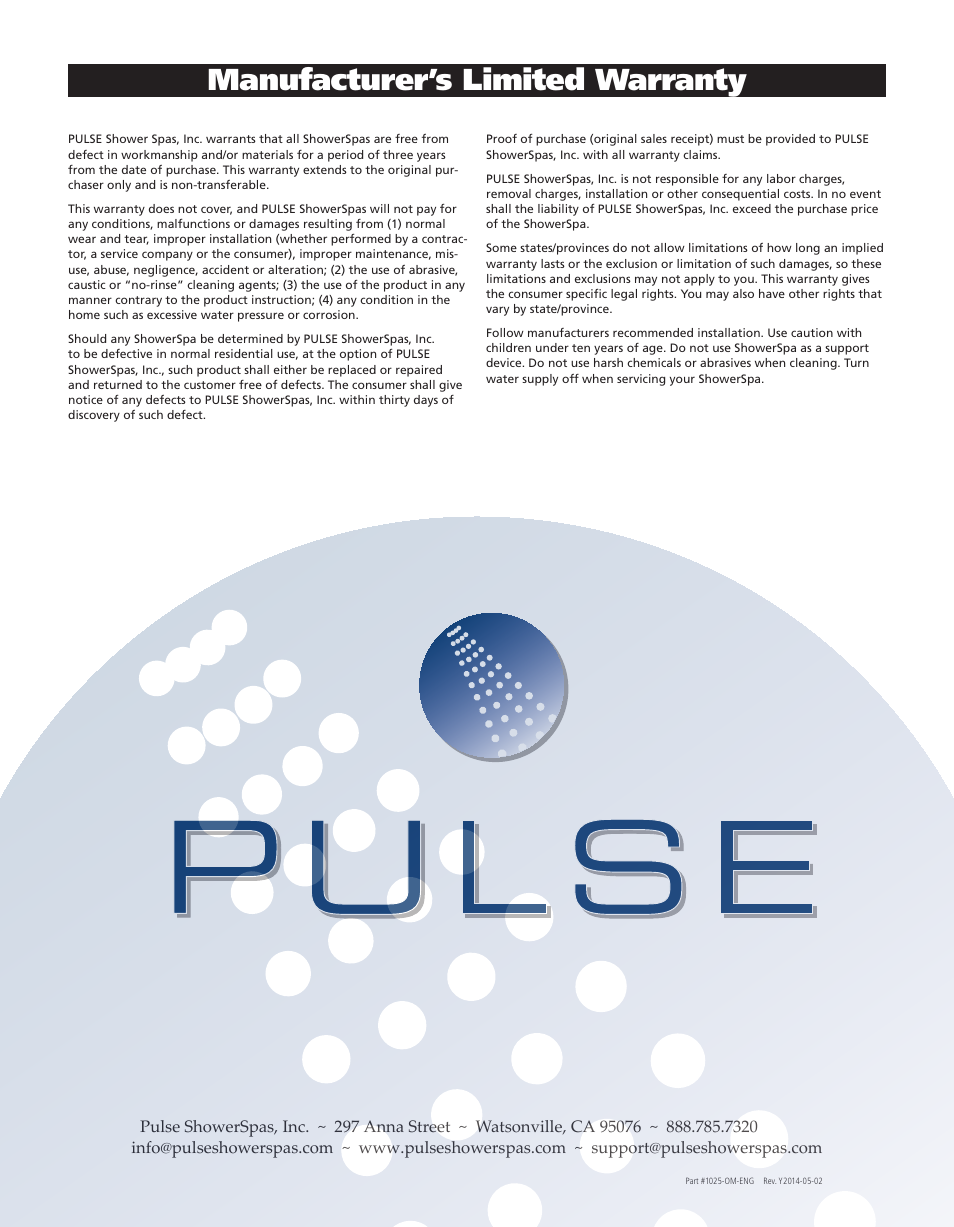 Manufacturer’s limited warranty | PULSE ShowerSpas 1025 Paradise User Manual | Page 8 / 8