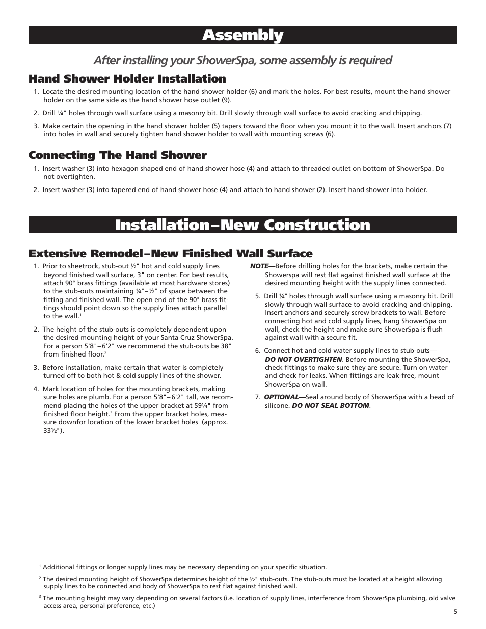 Assembly, Installation – new construction, Hand shower holder installation | Connecting the hand shower, Extensive remodel – new finished wall surface | PULSE ShowerSpas 1033 Santa Cruz User Manual | Page 5 / 8