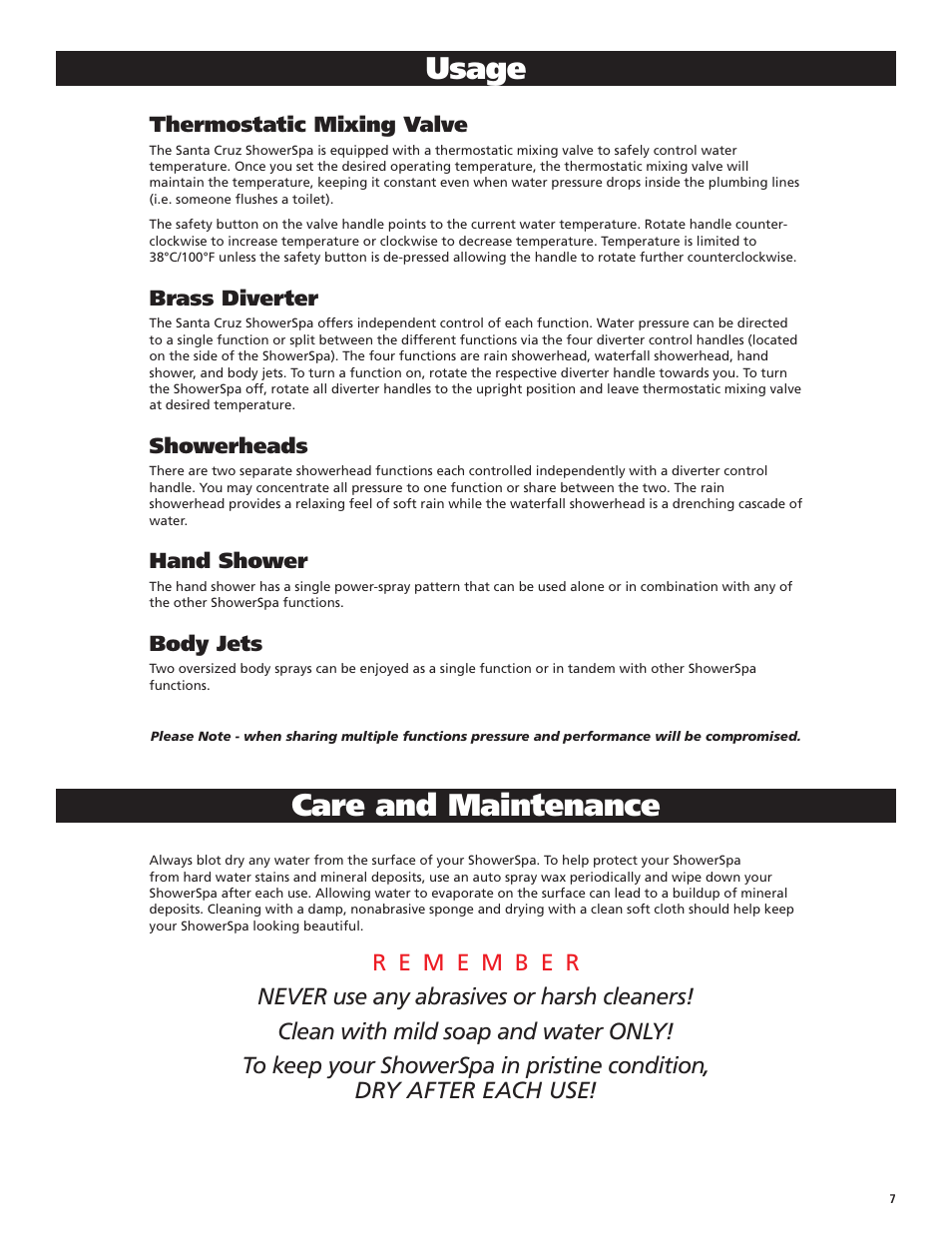 Usage, Care and maintenance | PULSE ShowerSpas 1033 Santa Cruz User Manual | Page 7 / 8