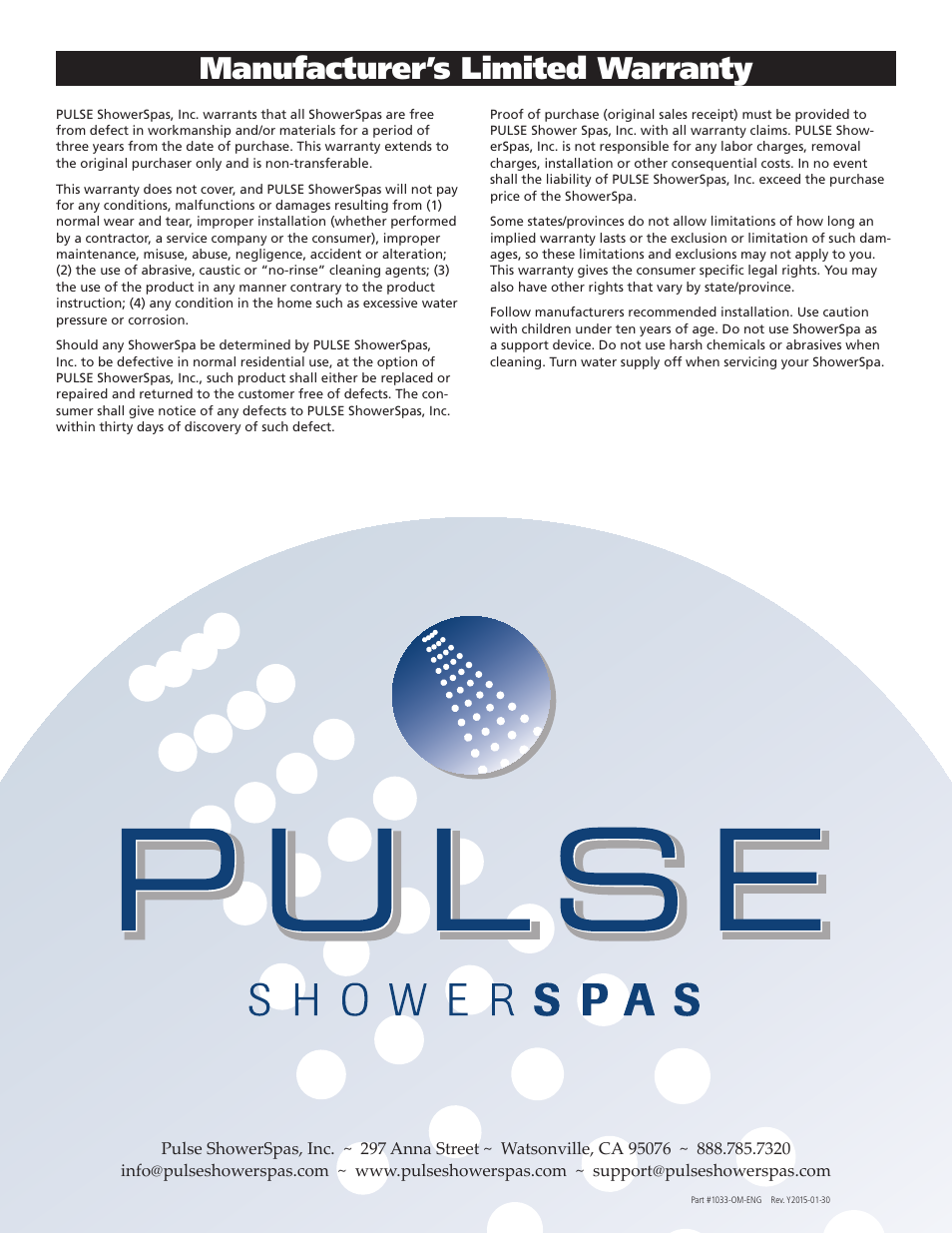 Manufacturer’s limited warranty | PULSE ShowerSpas 1033 Santa Cruz User Manual | Page 8 / 8