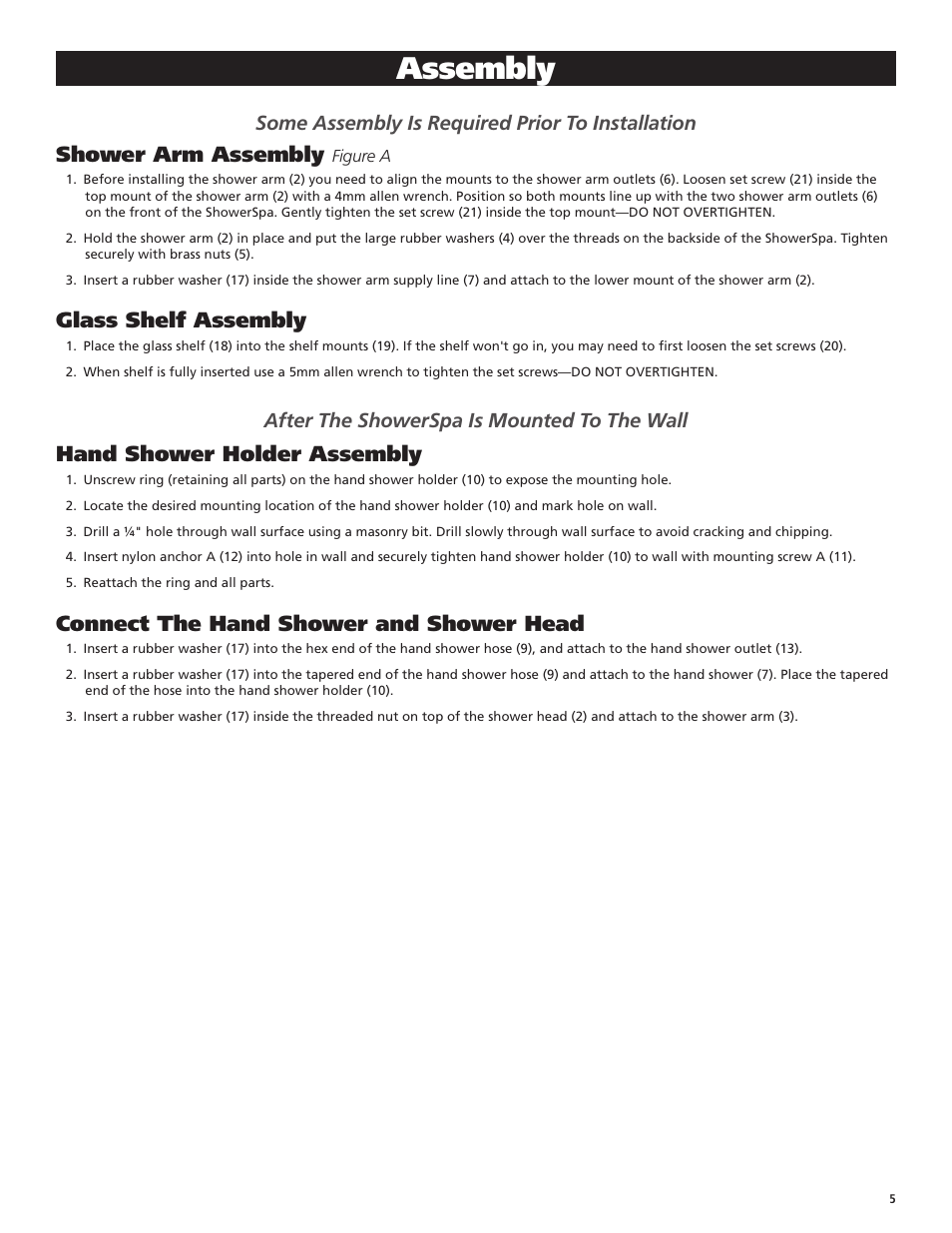 Assembly, Shower arm assembly, Glass shelf assembly | Hand shower holder assembly, Connect the hand shower and shower head, Some assembly is required prior to installation, After the showerspa is mounted to the wall | PULSE ShowerSpas 1027 Vaquero User Manual | Page 5 / 8