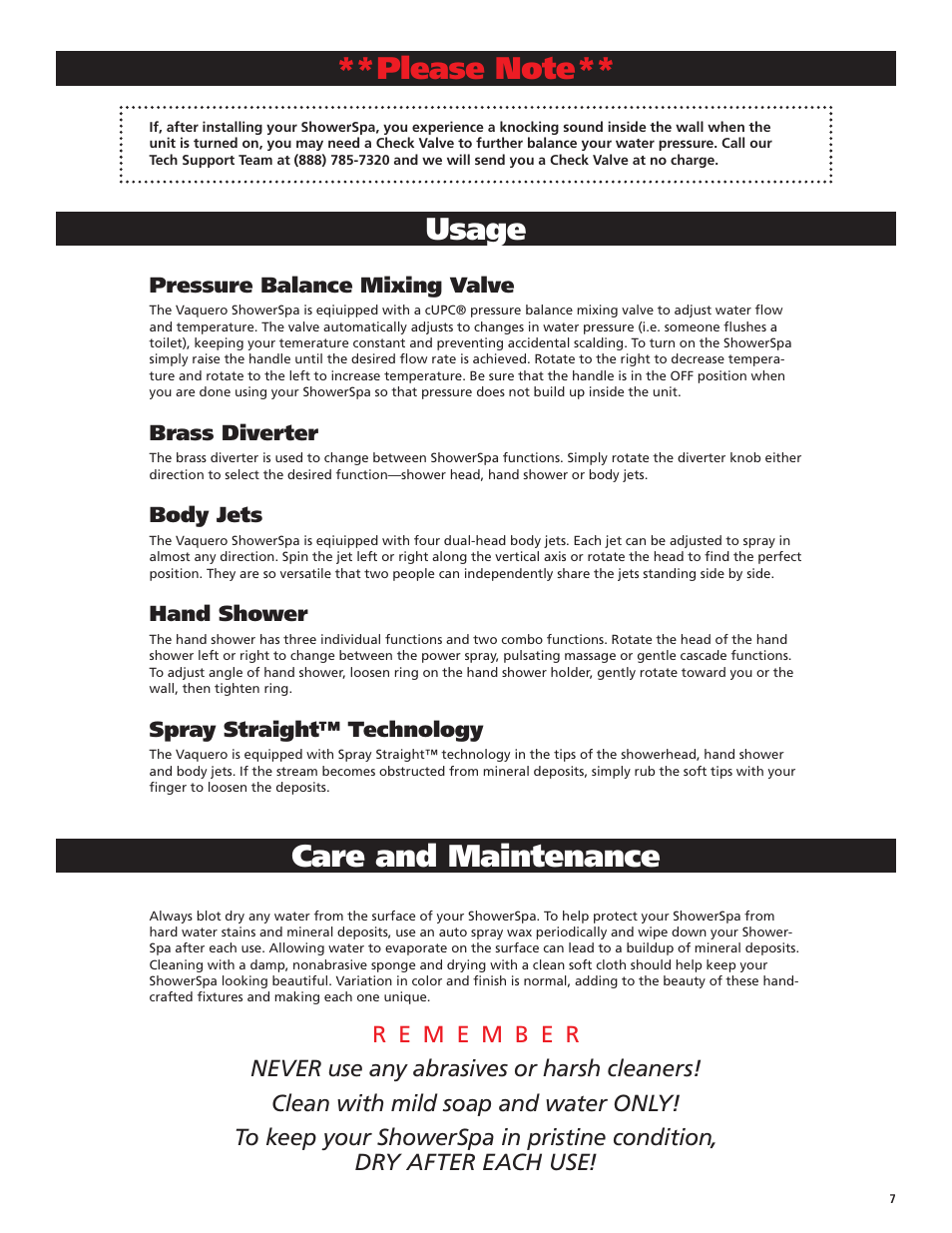 Usage, Care and maintenance | PULSE ShowerSpas 1027 Vaquero User Manual | Page 7 / 8