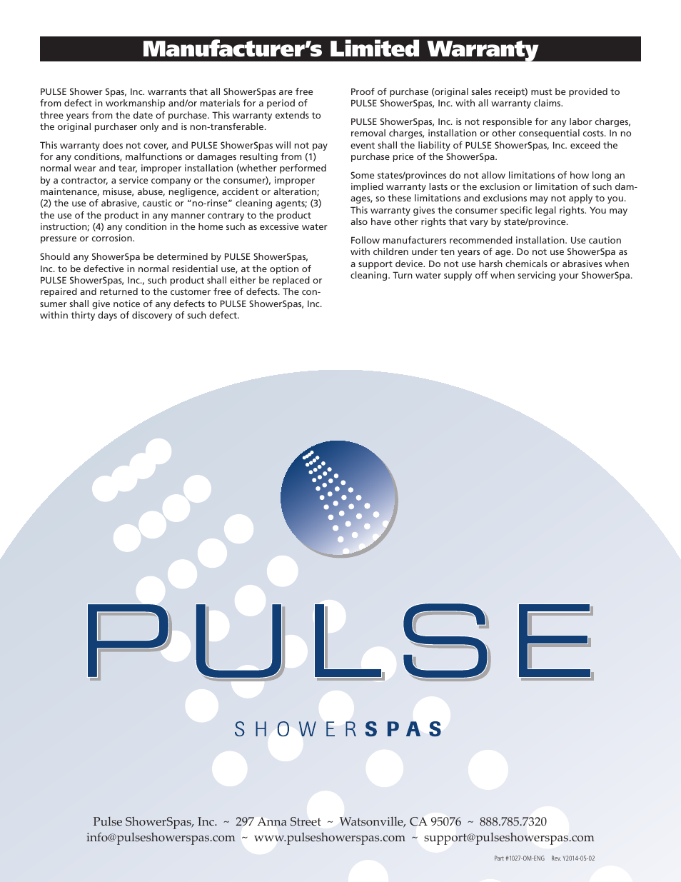 Manufacturer’s limited warranty | PULSE ShowerSpas 1027 Vaquero User Manual | Page 8 / 8