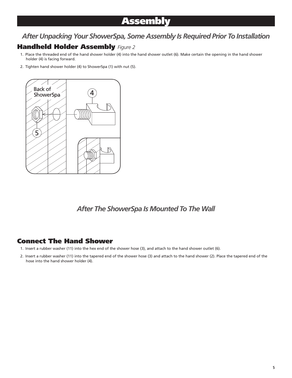 Assembly, After the showerspa is mounted to the wall, Handheld holder assembly | Connect the hand shower | PULSE ShowerSpas 1034 Waimea User Manual | Page 5 / 8