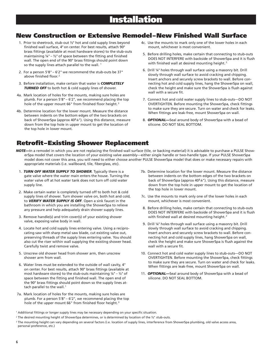 Installation, Retrofit – existing shower replacement | PULSE ShowerSpas 1034 Waimea User Manual | Page 6 / 8