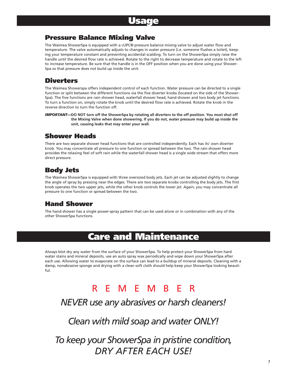 Usage, Care and maintenance | PULSE ShowerSpas 1034 Waimea User Manual | Page 7 / 8