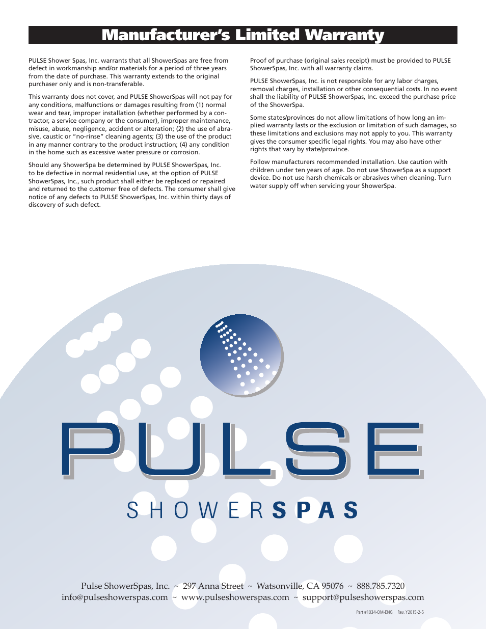 Manufacturer’s limited warranty | PULSE ShowerSpas 1034 Waimea User Manual | Page 8 / 8