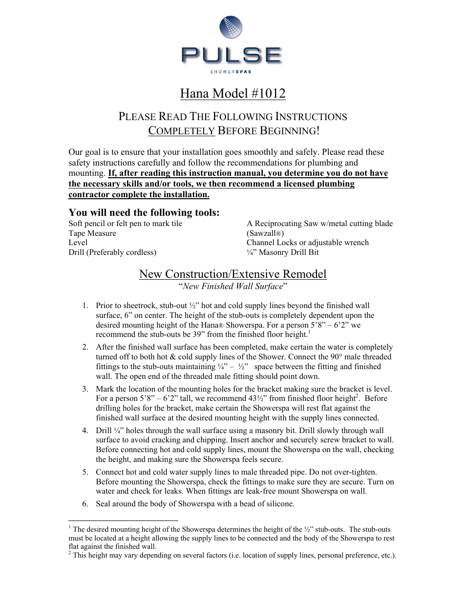 PULSE ShowerSpas 1012 Hana User Manual | 2 pages