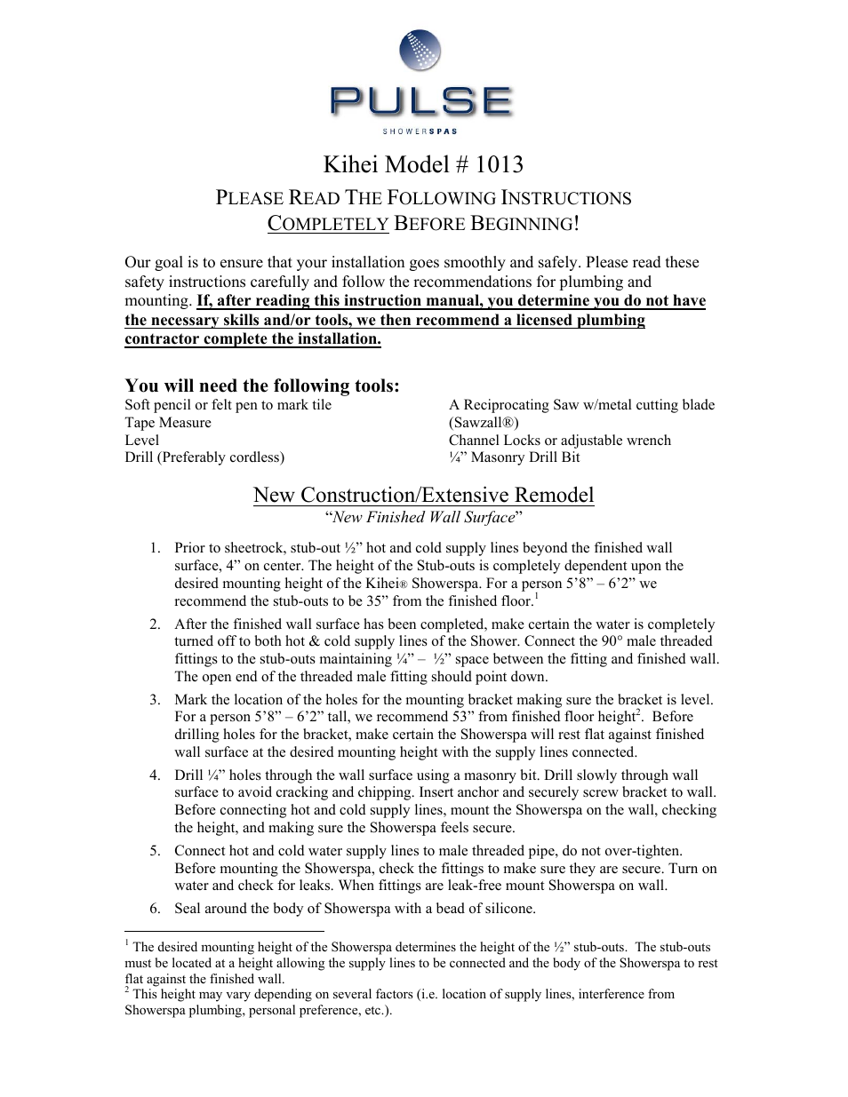 PULSE ShowerSpas 1013 Kihei User Manual | 2 pages