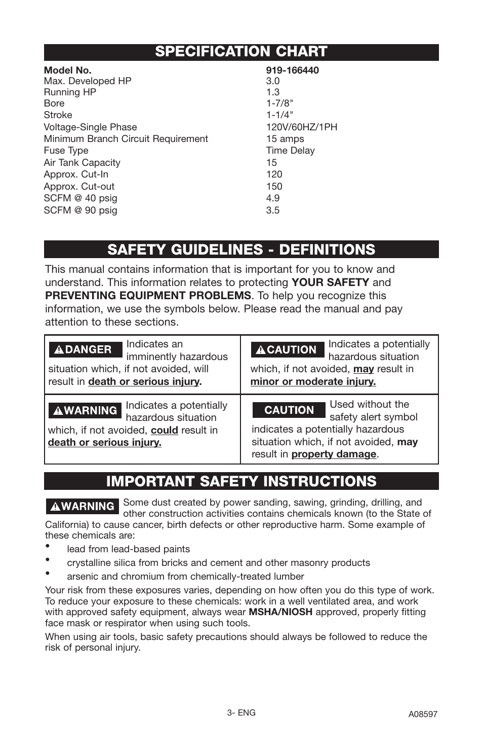 Specification chart, Important safety instructions, Safety guidelines - definitions | Craftsman 919.16644 User Manual | Page 3 / 44