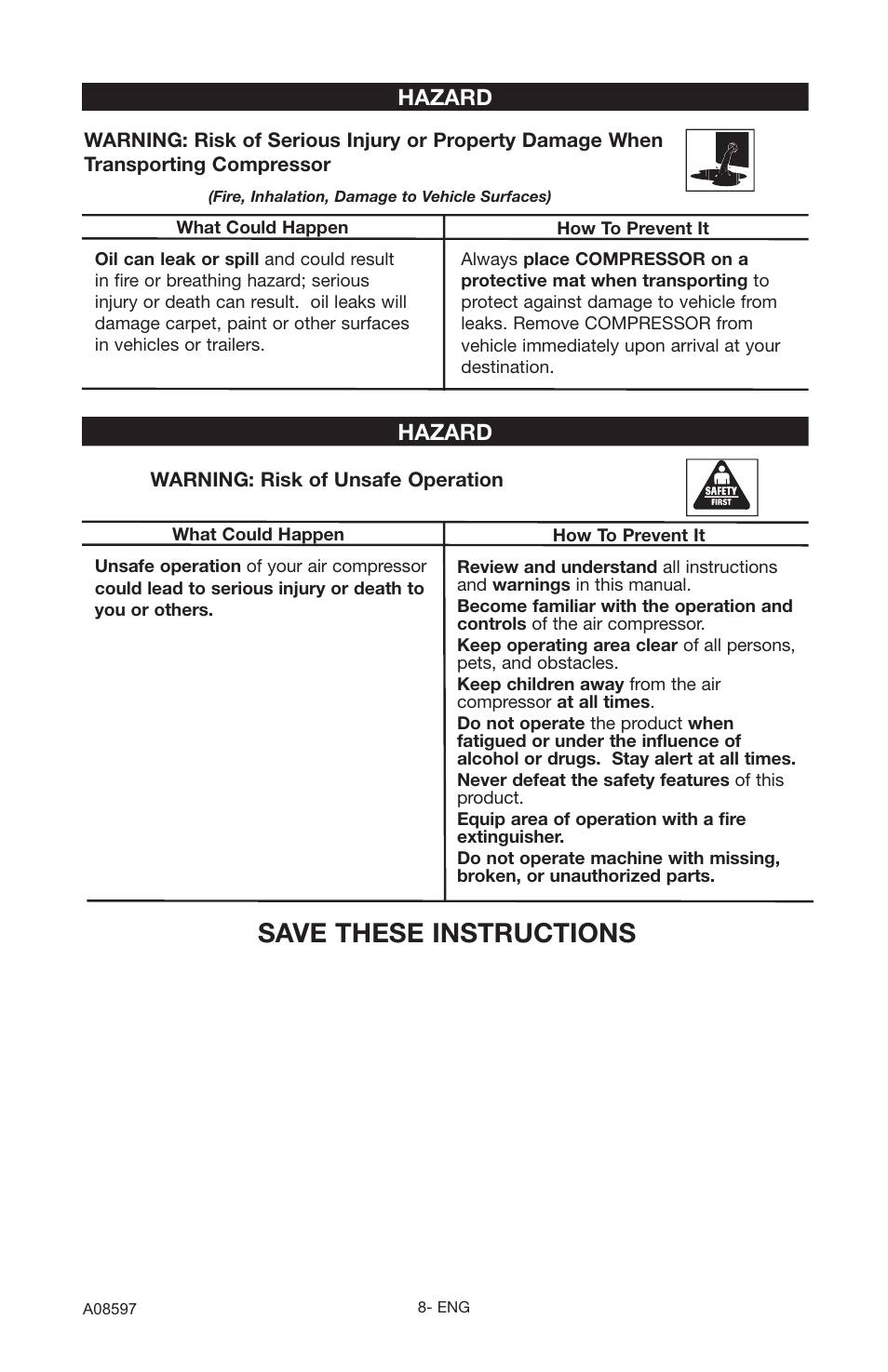 Save these instructions, Hazard | Craftsman 919.16644 User Manual | Page 8 / 44