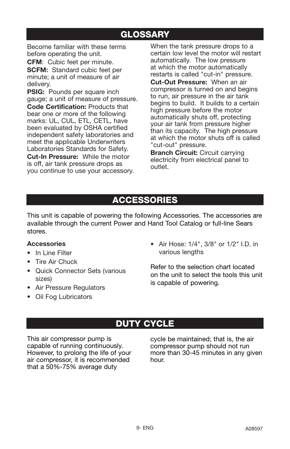 Accessories, Glossary, Duty cycle | Craftsman 919.16644 User Manual | Page 9 / 44
