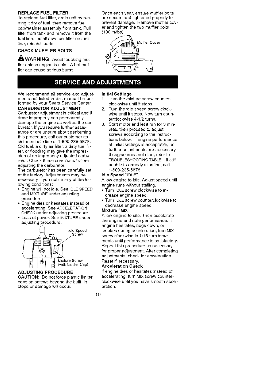 Service and adjustments, A warning | Craftsman 358.797310 User Manual | Page 10 / 13