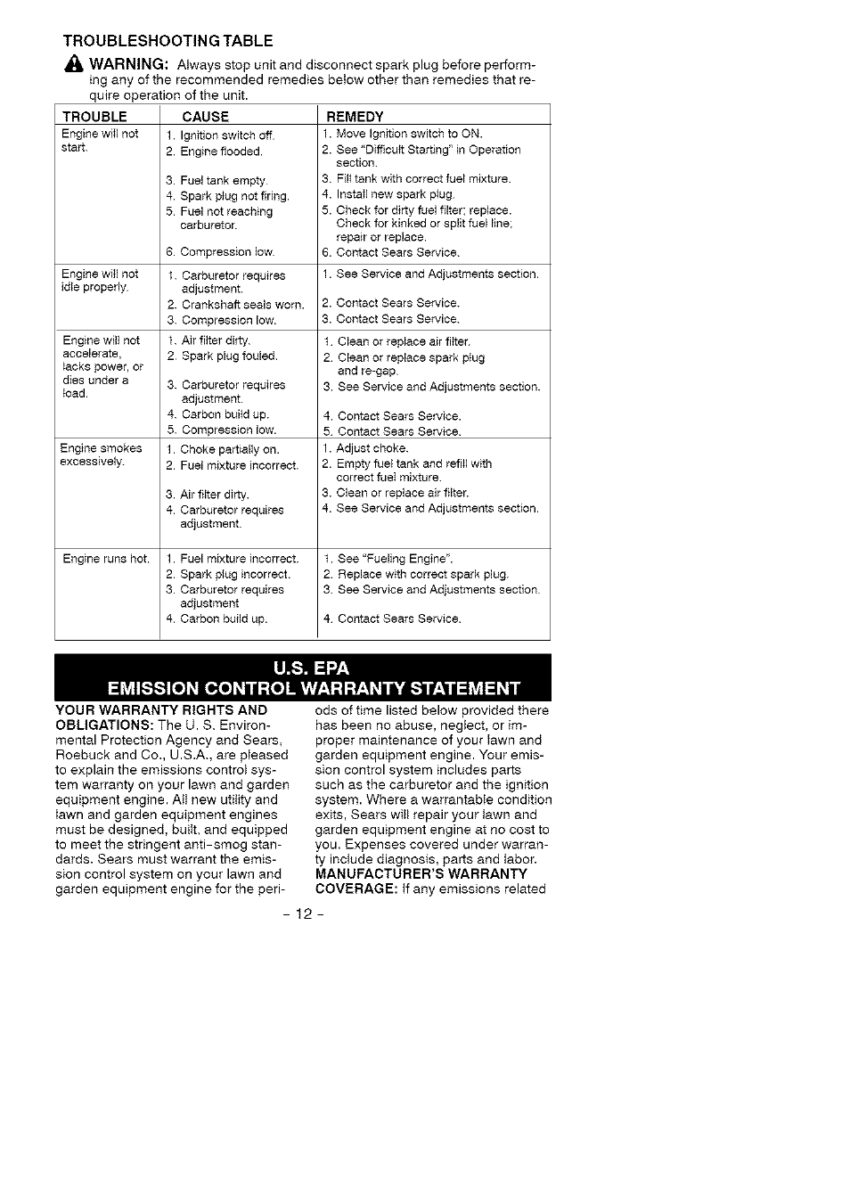 U.s. epa, Emission control warranty statement, U.s. epa emission control warranty statement | A warning | Craftsman 358.797310 User Manual | Page 12 / 13